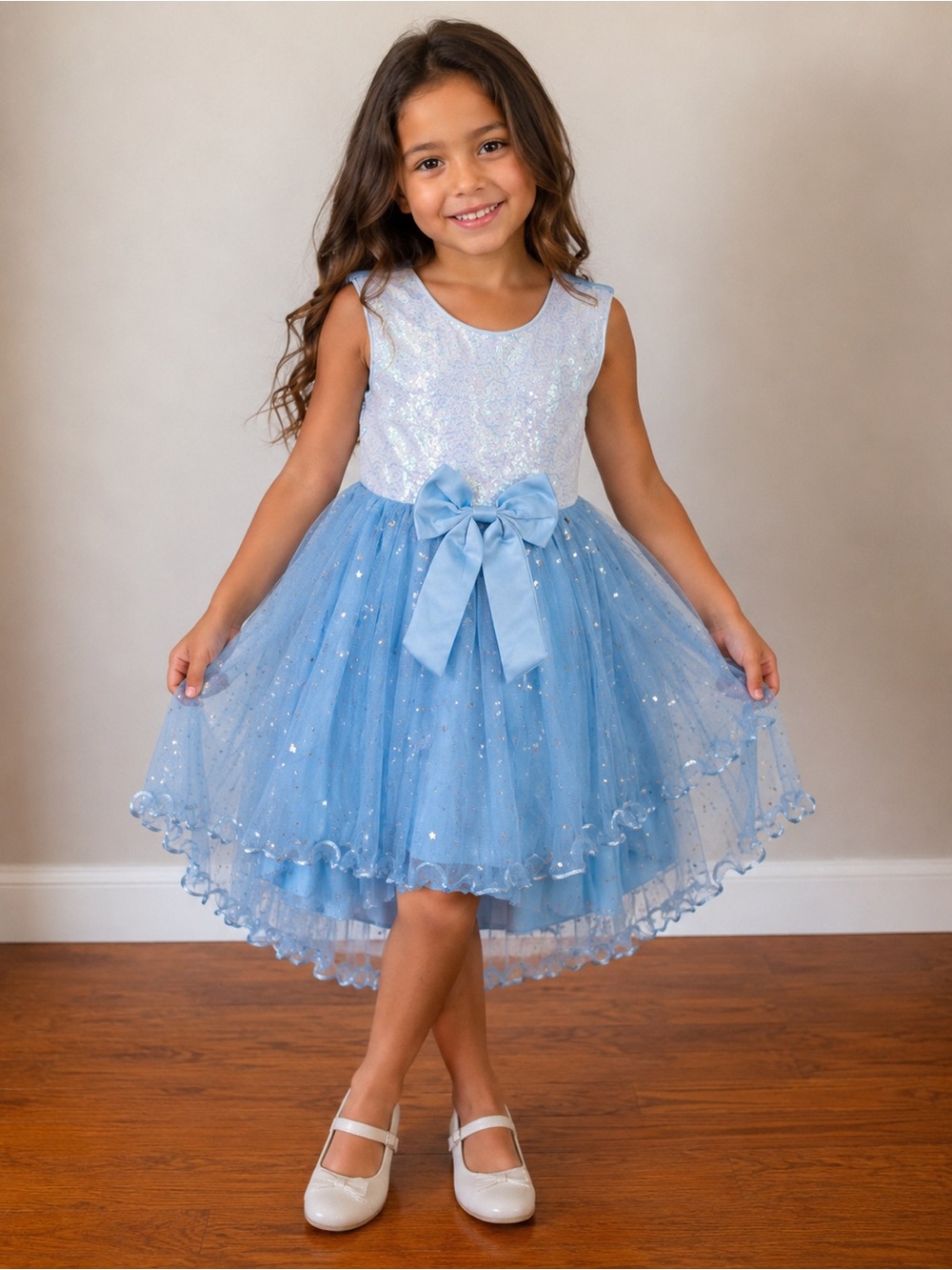 Girls Blue Sequin Princess Party Dress Size 4/5 Sparkle Tulle Hi-Low Dress